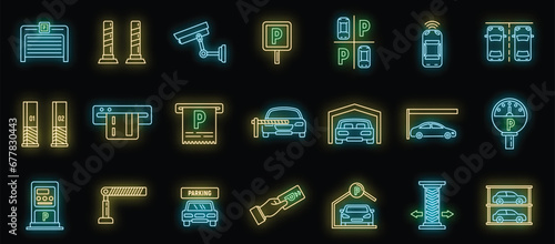 Underground parking garage icons set. Outline set of underground parking garage vector icons neon color on black