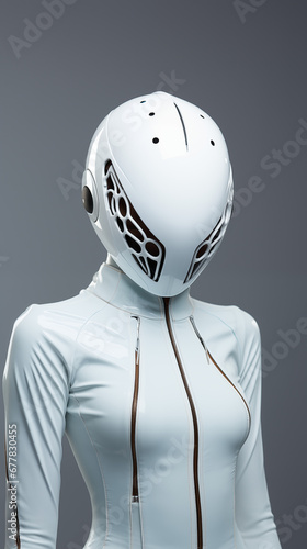 Frau Anonym in sexy weißen Cat Woman Leder Motorrad Outfit mit Helm im Hochformat für Banner, ai generativ