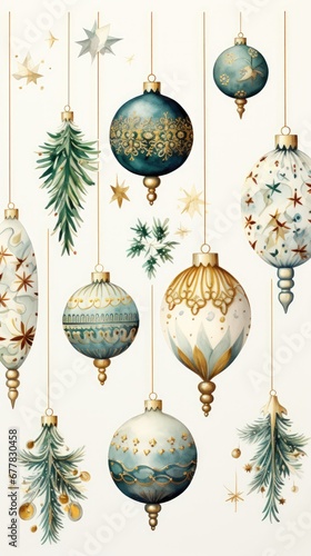  a painting of christmas ornaments hanging from a line of gold, green and white baubles and pine cones.