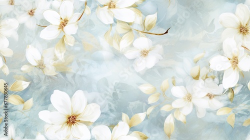  a picture of a bunch of flowers on a blue and white background that looks like something out of a painting.