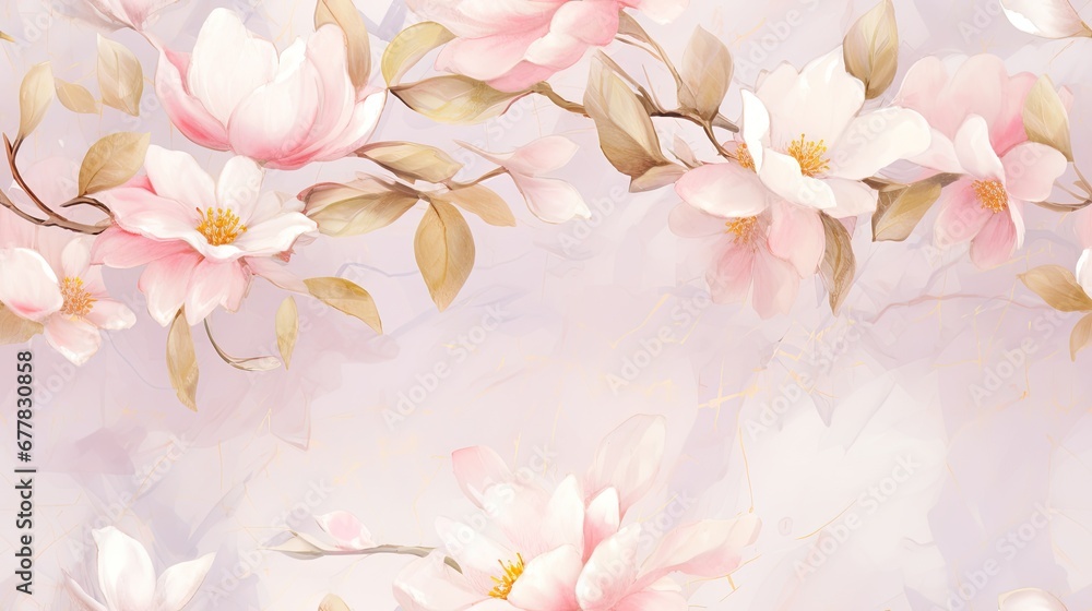 a painting of pink flowers with green leaves on a light pink background with a gold foil effect in the middle of the image.