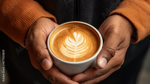 Female hands holding a cup of coffee with latte art on the table