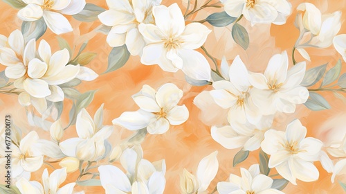  a painting of a bunch of white flowers on an orange background with a green leafy stem in the center.