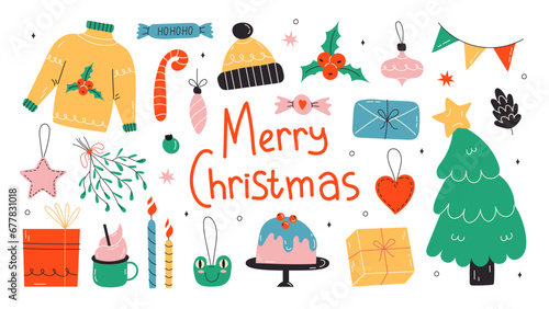 Set of Cute Merry Christmas and Happy New Year Illustrations or stickers. Festive christmas characters and objects. Vector stock illustration on isolated white background. Gift, holiday tree, tree toy