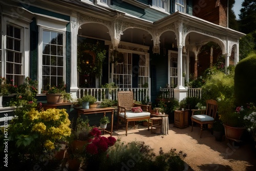 A Victorian era home's private balcony, furnished with antique furniture and offering a view of the Victorian garden