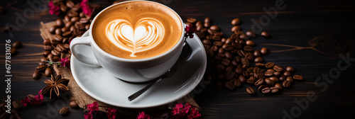 Tasse Cappuccino mit wunderschöner Herz Milchschaum Dekoration einzigartig präsentiert im Querformat für Banner, ai generativ