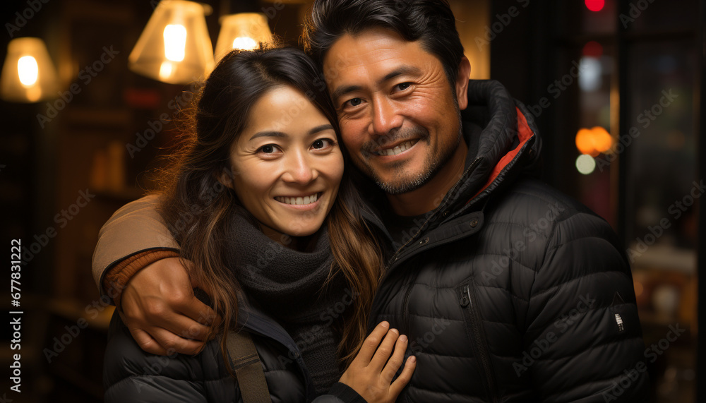 Smiling heterosexual couple embracing, love, happiness, relationship, romance, winter generated by AI Smiling heterosexual couple embracing, love, happiness, relationship, romance, winter generated by AI