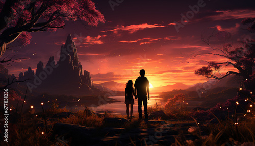 Men and women in silhouette, love outdoors at sunset generated by AI