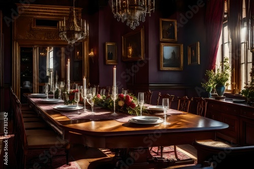 A Victorian era home s sunlit dining area  with a grand table and an elegant ambiance that embodies the Victorian era