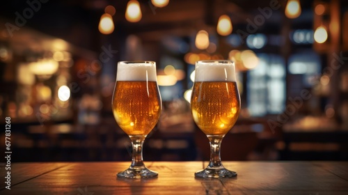 Beer glasses on the bar counter.