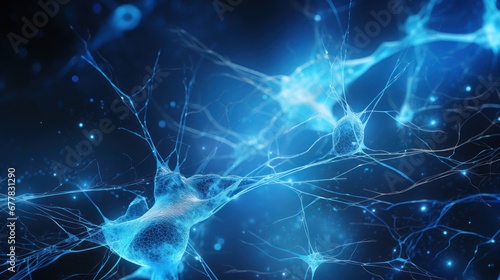 3d rendering of neuron cell with neurons and nervous system on blue background photo