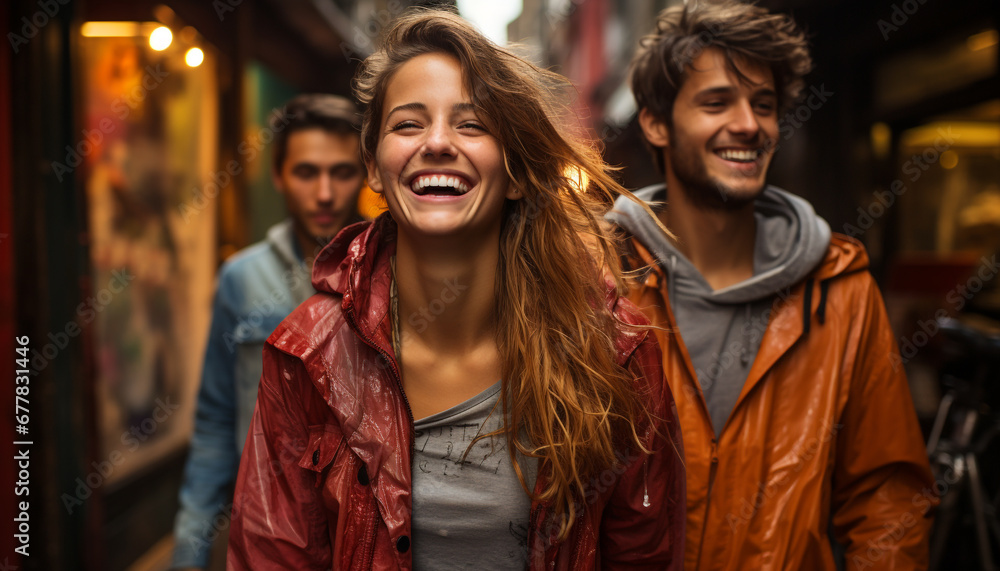 Young adults smiling, outdoors, enjoying nightlife, embracing, looking at camera generated by AI