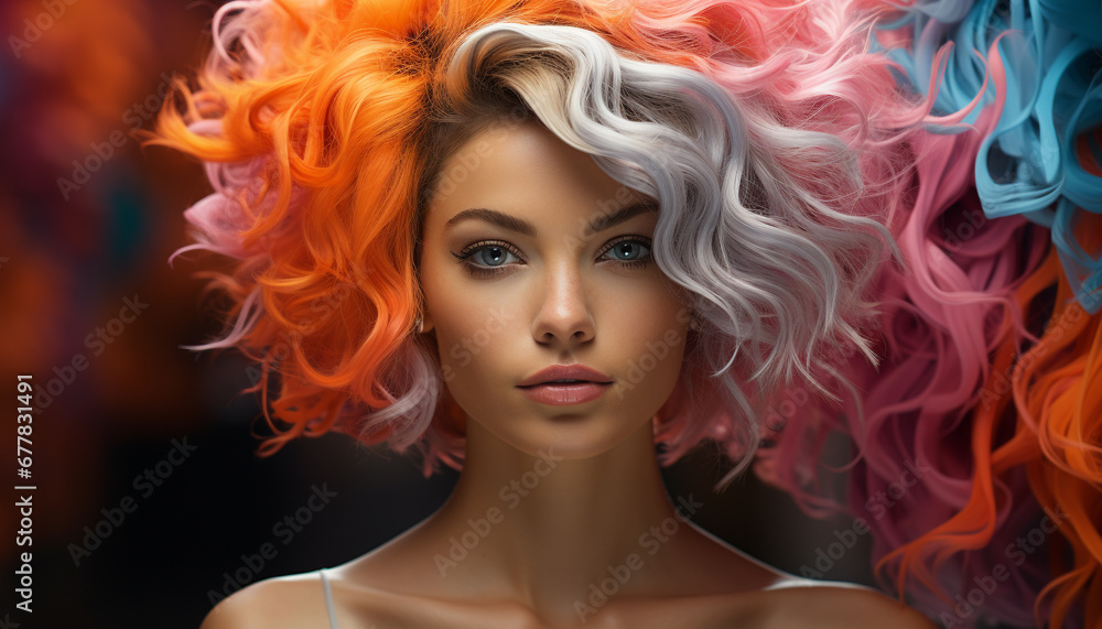 Beautiful young woman with long blond curly hair and elegant style generated by AI