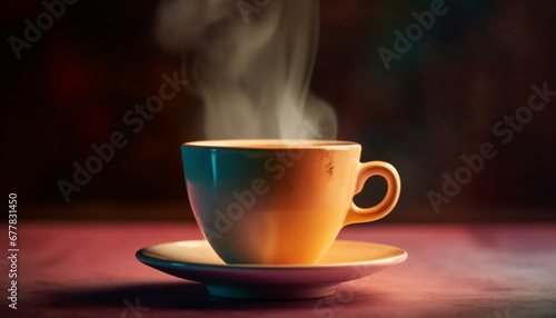 Hot steam rises from fresh coffee in dark wooden mug generated by AI