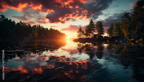 Tranquil sunset reflects on water  nature beauty generated by AI