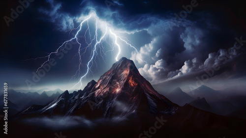 Mountain top in a lightning storm landscape. A mountain with a lightning bolt in the sky photo