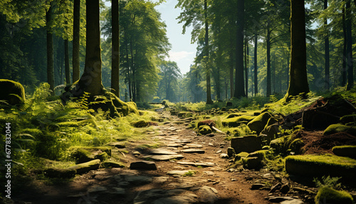 Tranquil scene of green forest with sunlight generated by AI