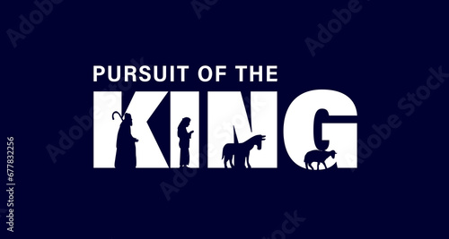 Pursuit of the KING, Christmas card with shepherds. The concept of the nativity scene is shepherds, donkey and sheep in the KING text. Vector illustration