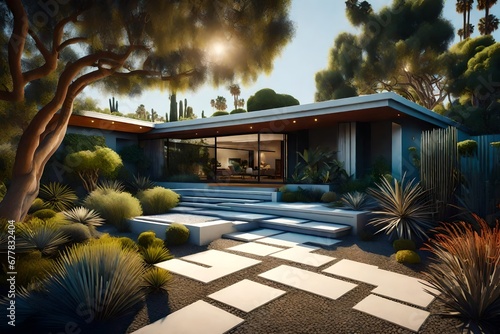 A mid-century modern home's landscaped garden path, surrounded by minimalist landscaping and the classic beauty of the era