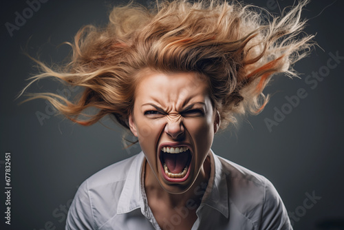 Middle age woman crazy and mad shouting and yelling with aggressive expression and arms raised. frustration concept. anger and hysteria emotions face portrait photo