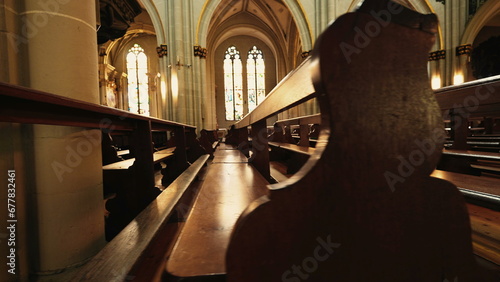 Ancient Cathedral Interior with Wooden Benches