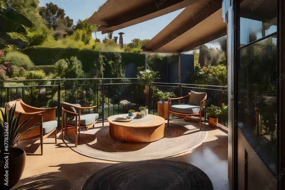 Obraz premium A mid-century modern home's private balcony, furnished with iconic mid-century furniture and offering a view of the classic garden