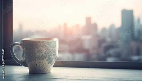 Coffee cup on wooden desk by window overlooking city skyline generated by AI