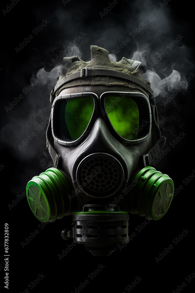 Gas Mask - Smoke - Mist - Fog - Black Background - black and green mask details Gas Mask - Smoke - Mist - Fog - Black Background - black and green mask details