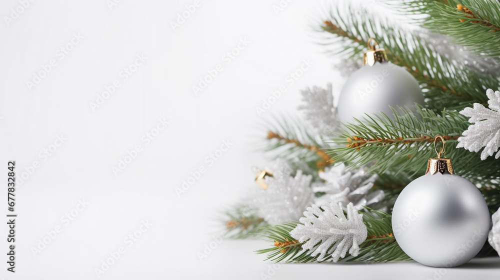 Christmas tree branch decorated with New Year's toys on a white background.