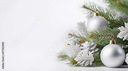 Christmas tree branch decorated with New Year s toys on a white background.