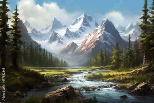 A river meanders through a woodland with majestic peaks in the distance  showcasing the strength and allure of untouched water bodies. Generative AI