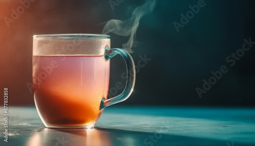 Transparent glass mug on wooden table holds frothy whiskey cocktail generated by AI