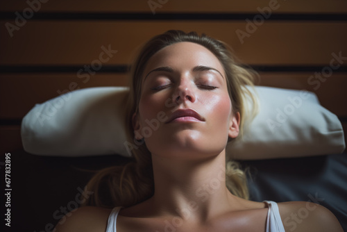 Beautiful relaxing woman lie on the pillow on spa bed in front of wooden sauna cabinet. Young and healthy woman waiting for massage treatment in warm traditional spa room. Tranquility.