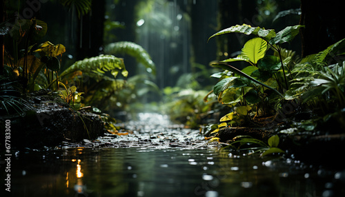 Tranquil scene of flowing water in tropical rainforest generated by AI