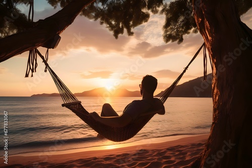 man relaxing in a hammock on the beach at sunset photo