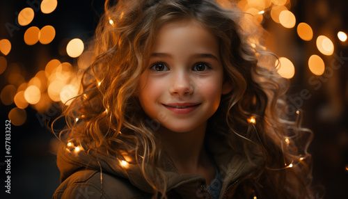 Smiling Caucasian girl, cute and cheerful, celebrating Christmas with family generated by AI