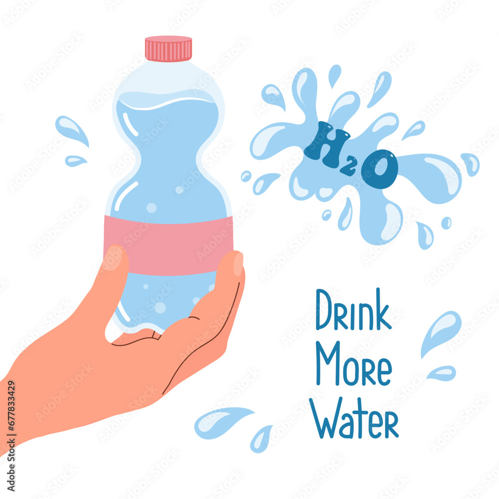 Drink more water, water bottle in hand. Health care concept. Flat style illustration, vector Drink more water, water bottle in hand. Health care concept. Flat style illustration, vector