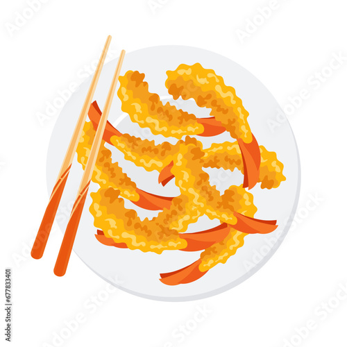 Japanese tempura shrimp, fried shrimp in a plate with chopsticks. Asian seafood. Illustration, vector