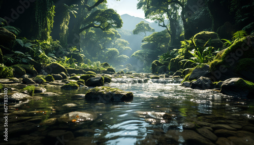 Mysterious fog surrounds tranquil waterfall in tropical rainforest generated by AI