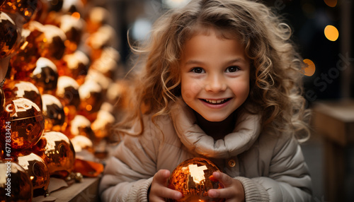 Smiling girl holds Christmas ornament  enjoying festive season generated by AI