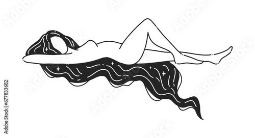 Girl lying. Self care Feminine vector Illustrations. Mental Healthcare. The woman Balance harmony. Card, valentines card. Doodle style