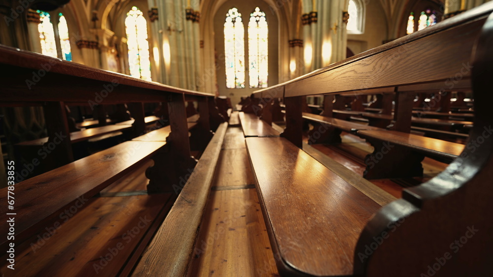 Catholic Cathedral Interior, Spiritual Design with Traditional Wooden Benches. Ancient Architecture and Benches, Details of Catholic Worship Space