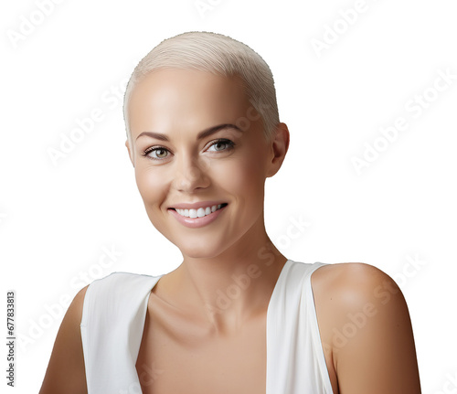 A smiling young woman with light short well-groomed hair  bald on a white background. Beautiful smile  white teeth. Skin care products and hairdressing salon