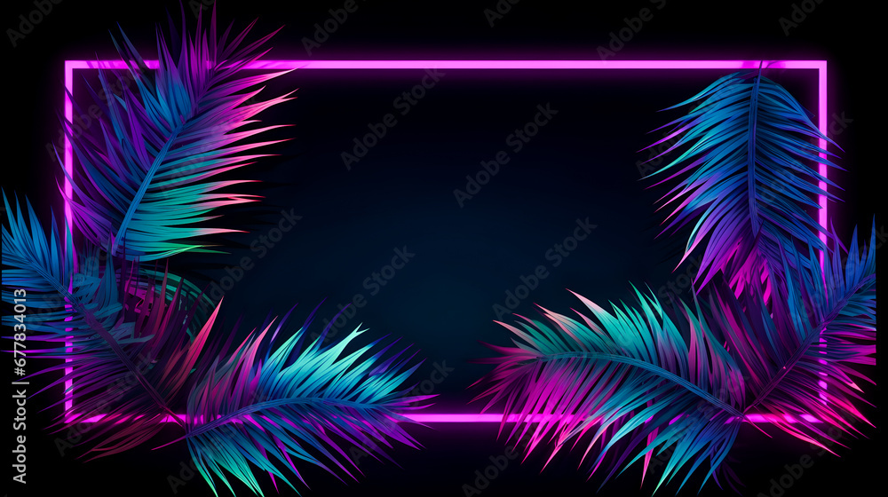 Palm trees leaf with neon frame on dark background Palm trees leaf with neon frame on dark background