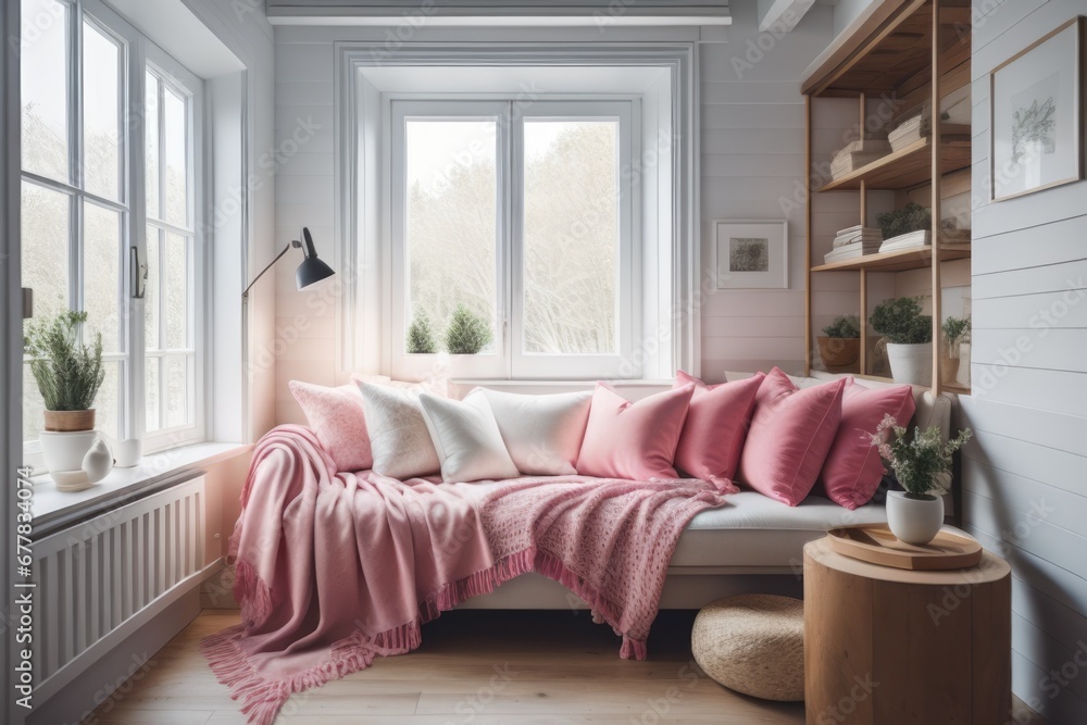 Cozy home place, pink and white pillows and blanket on sofa near window. French country, farmhouse interior design of modern living room Cozy home place, pink and white pillows and blanket on sofa near window. French country, farmhouse interior design of modern living room