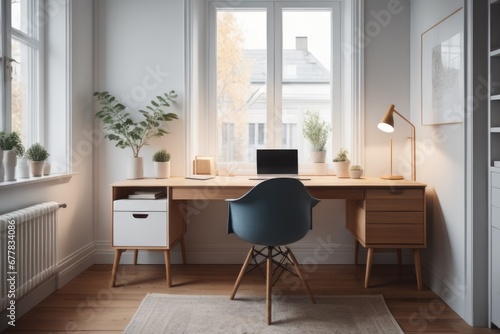  Cozy home workplace with wooden drawer writing desk and fabric chair. Interior design of modern scandinavian home office © Marko