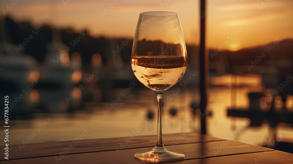Beautiful glass of wine against the backdrop of a lake at sunset. Beautiful life . Close-up .
