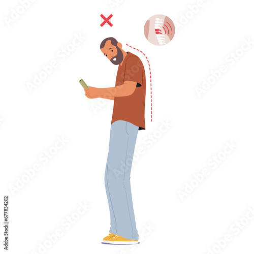 Male Character Hunches Over His Phone, Causing Neck Pain With Strained Posture, Head Tilted Down, And Shoulders Slouched