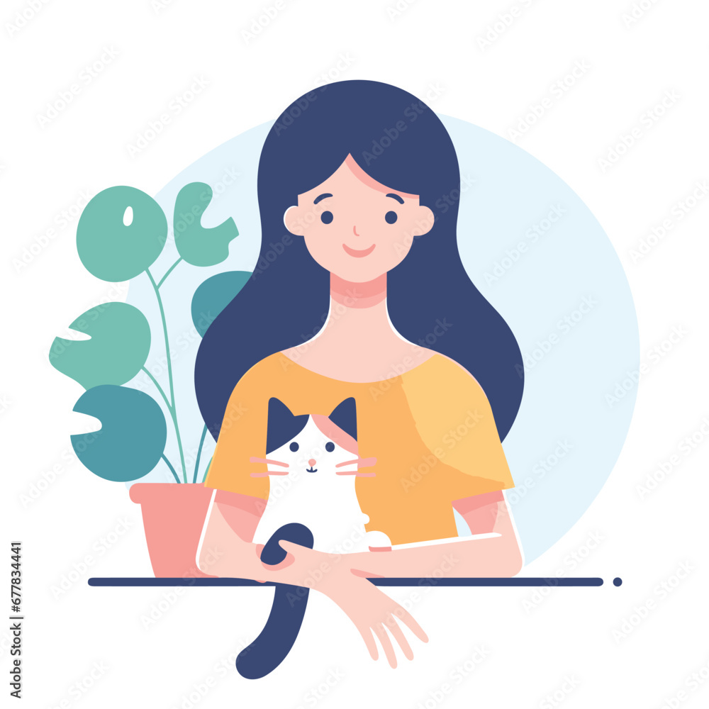 a woman admire cute cat flat simple vector illustrations on white background a woman admire cute cat flat simple vector illustrations on white background