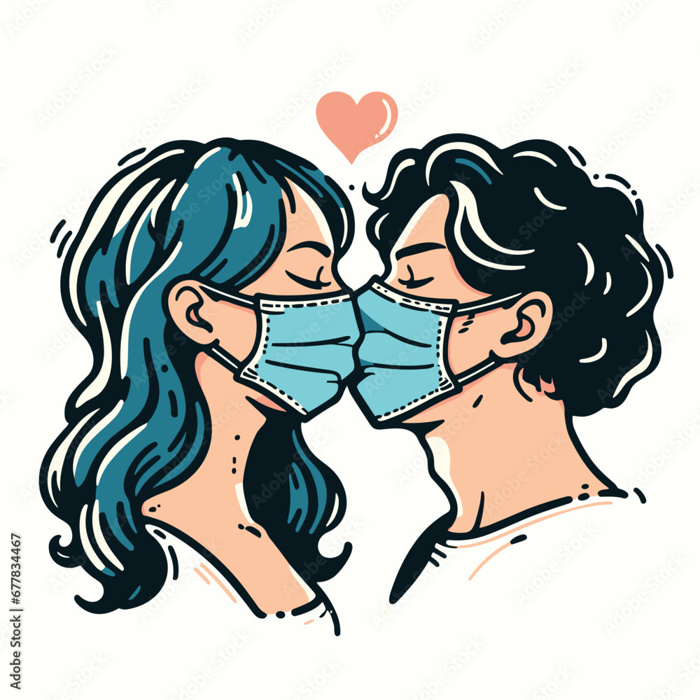 a couple kiss and wearing mask vector illustrations on white background
